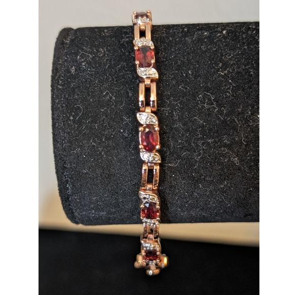 Genuine Garnet Rose Goldplated Diamond Accented Bracelet W/ Double Safety - Picture 1 of 6